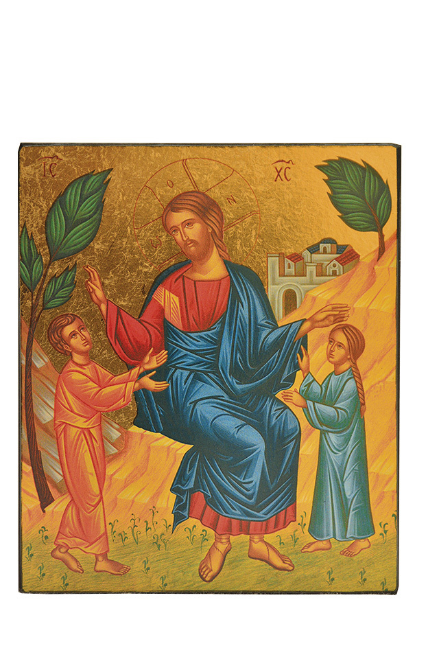 Jesus accueillant les enfants - icone doree a la feuille 9,5x8 cm -  581.14