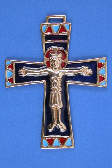 Croix christ fond bleu decor medieval bronze d'art