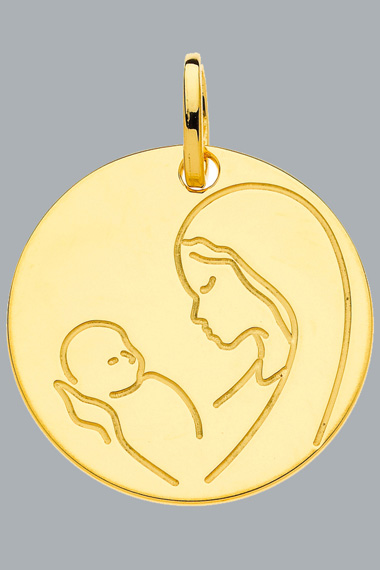 Médaille or 9k vierge à l'enfant gravée