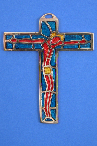 Croix christ rouge fond bleu turquoise bronze d'art