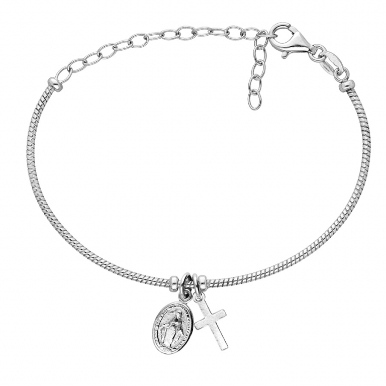 Bracelet argent rhodié croix + miraculeuse