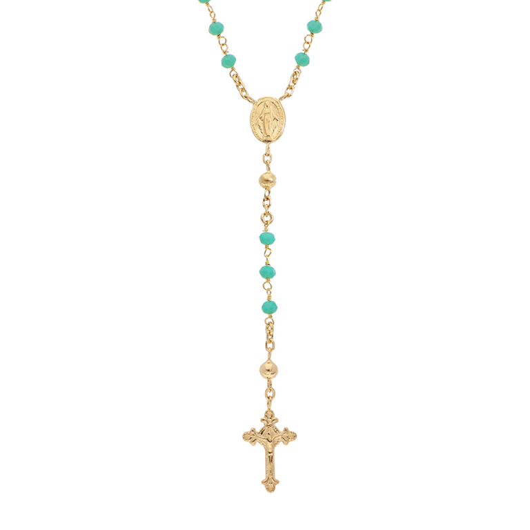 Collier argent et dorure jaune + verre facette turquoise