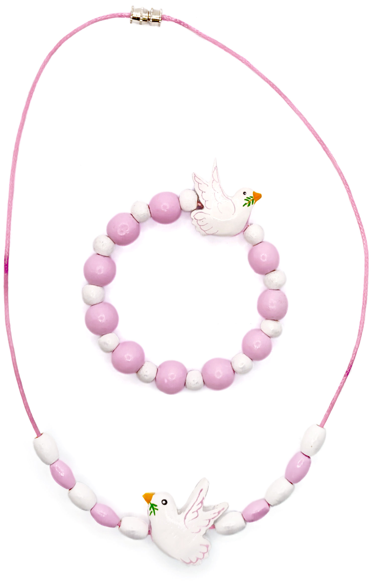 Collier + bracelet colombe rose